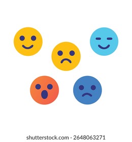 Vector set of colorful emoji faces showing different emotions like happy, sad, angry, calm, and surprised. Perfect for feedback, UX, mood tracking, chat, mental health, and UI design.