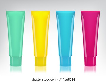 Vector set of colorful empty cosmetics, cream containers, tubes. Isolated on white background. Mock up. Realistic illustration
