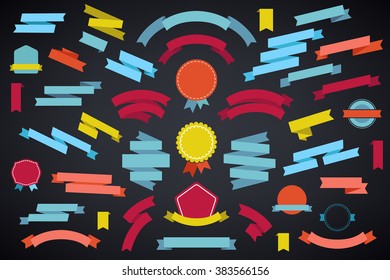 vector set of colorful empty retro ribbons and badges isolated, vintage collection on dark background. Use for decoration, design, cards, logos