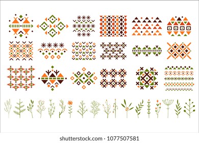 Vector set of colorful ethnic patterns, decorative herbs and flowers. Small twigs of plants. Elements for postcard, textile or invitation