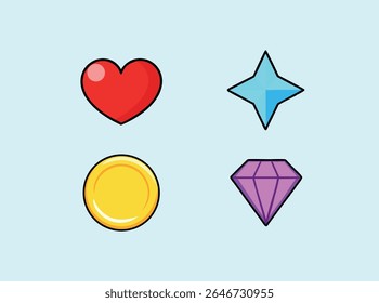 Vector Set Colorful Fantasy Game Icons Red Heart, Blue Star, Gold Coin, Purple Gem. Perfect for Mobile games, Casual games, Interfaces, App Design, User Interface Elements. 