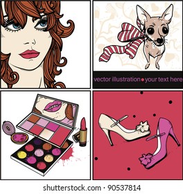 vector set of colorful fashion cards with a girl, little doggy, trendy shoes and make up