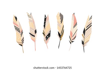 Vector Set of Colorful Feathers Isolated on White Background.