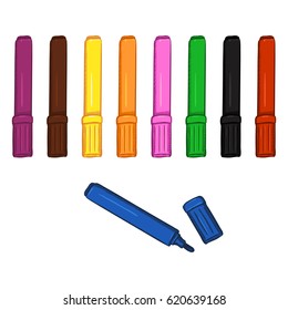 Vector Set of Colorful Felt-tip Pens. Purple, Brown, Yellow, Orange, Pink, Green, Black, Red, Blue.
