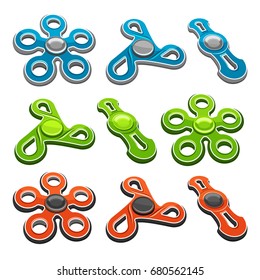 Vector set of colorful Fidget Spinners isolated on white background, anti stress blue pentagonal toy, green icon popular hand fidget spinner, logo of orange metallic kids relaxation spinners gyroscope