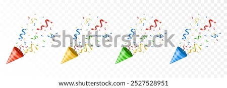 Vector set of colorful firecrackers with confetti. Serpentine or confetti flies out from a cracker on an isolated transparent background. Confetti or firecracker png.