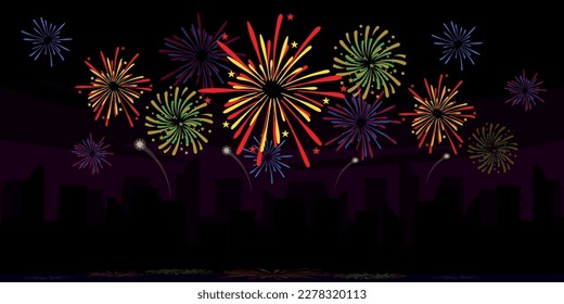 Vector set of colorful fireworks in cartoon style. Colorful fireworks explode over the city at night. Items for fun and joy. New Years holidays in the city.