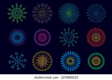 Vector set colorful fireworks display celebration isolated on dark blue background