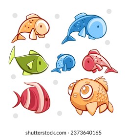 Conjunto vectorial de peces coloridos en dibujos animados estilo lindo.