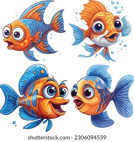 vector set of colorful fishes in flat style,Vector cartoon fishes. aquarium sea tropical fish funny underwater animals. goldfish kids isolated set