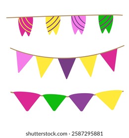 Vector set of colorful flags for Mardi Gras carnival. Colored logo of party decorations. Icon isolated on white background