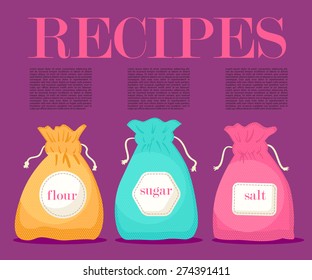 Vector set colorful flat cooking bags  Kitchen attributes   stuff  Cute small packets and text spaces  Recipes illustration 