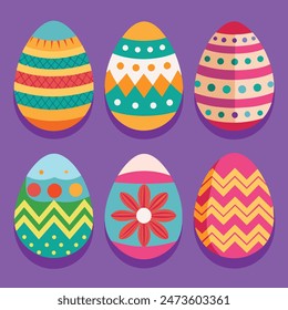  Vector conjunto de coloridos huevos de Pascua decorativos planos. 