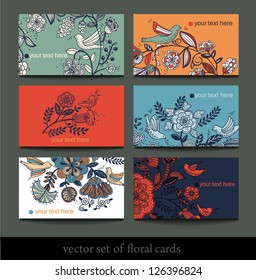 vector set of colorful floral cards with fantasy plants and birds