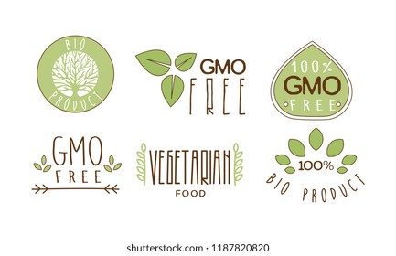 Vector set of colorful food emblems with text. GMO free. 100 natural product. Healthy eating theme