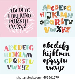 Vector set of colorful four difference english Alphabets. Cute English alphabet, vintage, funny hand written font and capital ABC. Lowercase and uppercase letters, fine for card, lettering, poster