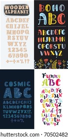 Vector set of colorful four difference english Alphabets vintage, ABC. Lowercase uppercase letters, numbers and sights. Fine for card, lettering, poster. Cosmic, wooden, boho, curling typefaces