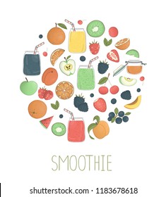 Vector set of colorful fruit and berry smoothies in glass jars with fruit and berries framed in circle. Fresh organic vegetarian food isolated on white background.