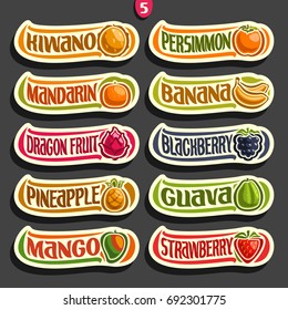 Vector Set of colorful Fruits and Berries Labels: collection of exsotic fruit logo with lettering title text isolated on black, set of cartoon simple labels for juice or candy, abstract fruits stikers