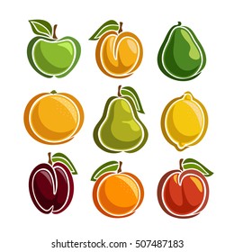 Iconos de frutas coloridas del conjunto de vectores: manzana, albaricoque, aguacate, pomelo, pera, limón, ciruela, naranja, melocotón, hojas verdes; conjunto de colección de un logotipo o icono abstracto de fruta simple, aislado en fondo blanco.