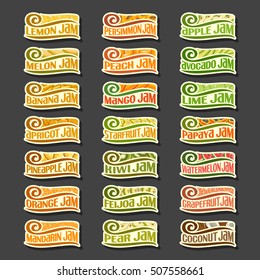 Vector Set colorful Fruits Jam Labels: collection set of abstract label lemon jam, decoration fruit logo or design sticker of apricot jams, illustration cartoon emblems isolated on black background.