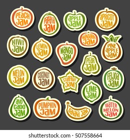 Vector Set colorful Fruits Jam icons: collection set of abstract label peach jam, simple fruit logo or icon of pineapple jams, minimalistic cartoon pictograms isolated on black background.
