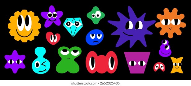 Conjunto vetorial de elementos coloridos e divertidos com várias formas, coleção de personagens de desenhos animados, bonitos rabiscos, formas geométricas e orgânicas com olhos engraçados para decoração, adesivos