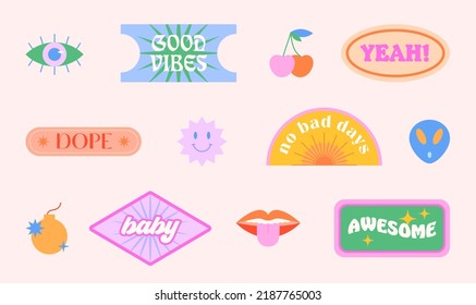 Vector set of colorful fun patches and stickers in 90s style.Modern icons or symbols in y2k aesthetic with text.Trendy kidcore designs for banners,social media marketing,branding,packaging,covers