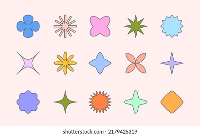 Vector set of colorful fun patches,stickers,geometric shapes in 90s style.Abstract icons or symbols in y2k aesthetic.Trendy kidcore designs for banners,social media marketing,branding,packaging,covers