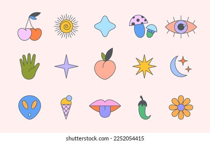 Vector set of colorful fun patches,stickers,geometric shapes in 90s style.Abstract icons or symbols in y2k aesthetic.Trendy kidcore designs for banners,social media marketing,branding,packaging,covers