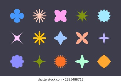 Vector set of colorful fun patches,stickers,geometric shapes in 90s style.Abstract icons or symbols in y2k aesthetic.Trendy kidcore designs for banners,social media marketing,branding,packaging,covers