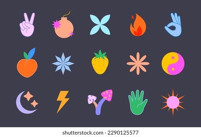 Vector set of colorful fun patches,stickers,geometric shapes in 90s style.Abstract icons or symbols in y2k aesthetic.Trendy design elements for banners,social media marketing,branding,packaging,covers