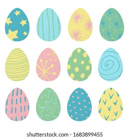 Vector set of colorful and funny Easter eggs with abstract elements on them isolated on white background.