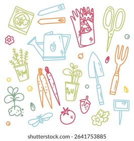 vector set with colorful garden elements and vegetables and plants. illustration for prints, cards, stickers