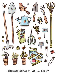 vector set with colorful garden elements and vegetables and plants. illustration for prints, cards, stickers