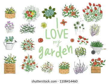 Vector set of colorful garden tools, flowers, herbs, plants. Bright and cheerful  pack of spade, shovel, rakes, wheel barrow, watering can, shears, lawn mower, hose, trowel, hand fork, flower bed