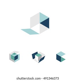 Vector set of colorful geometric 3d box or hexagon folded combinations for abstract logo of icons