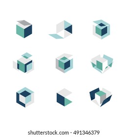 Vector set of colorful geometric 3d box or hexagon folded combinations for abstract logo of icons