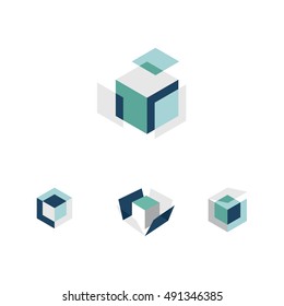 Vector set of colorful geometric 3d box or hexagon folded combinations for abstract logo of icons