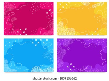 Vector set of colorful geometric backgrounds. Liquid, flow, fluid memphis 3d shapes compositions. Modern abstract covers. Poster design. Red, blue, purple, yellow