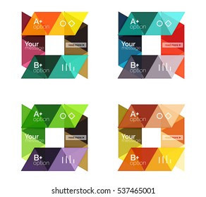 Conjunto vectorial de infografías geométricas de colores para diseño de flujo de trabajo, diagrama, opciones de número o diseño web de navegación