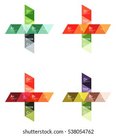 Conjunto vectorial de infografías geométricas de colores para diseño de flujo de trabajo, diagrama, opciones de número o diseño web de navegación