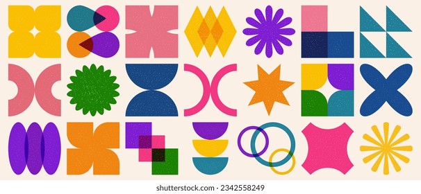 Vector set of colorful geometric shapes in trendy risograph print style. Diverse geometric forms. Vector illustration