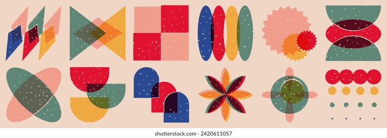 Vector set of colorful geometric shapes in trendy risograph print style