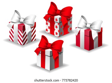 Vector set of colorful Gift box on a white background with bows and ribbons. Happy Birthday, Christmas, New Year, wedding or Valentine's Day packaging design.
