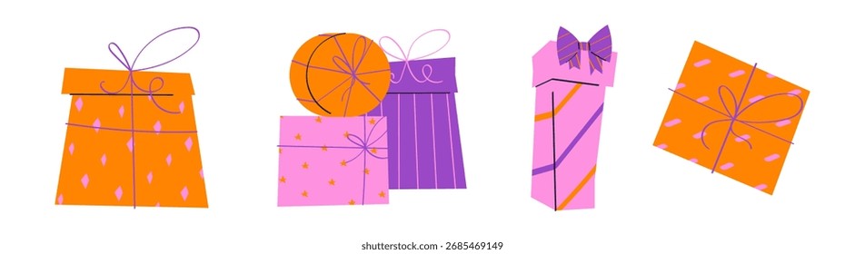 Vector set of colorful gift boxes with ribbons and bows. Decorative present packages for holidays, celebrations, birthdays, Christmas, and festive design projects