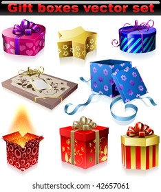 Vector set of colorful gift boxes with ribbons and bows isolated on white background.