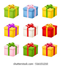 Vector set of colorful gift boxes with ribbons and bows isolated on a white background.