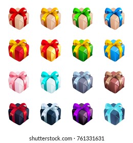 Vector set of a colorful gift boxes. Collection of a packages with glossy bows. Cardboard, paper and foil wrappers of red, gold, green, blue, pink, gray, black colors. Isolated icons for any holidays.