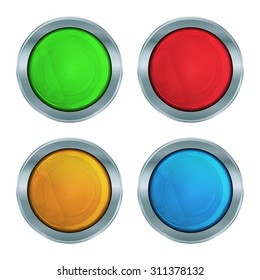 vector set of colorful glossy green lampshades, red, blue and orange with an iron rim